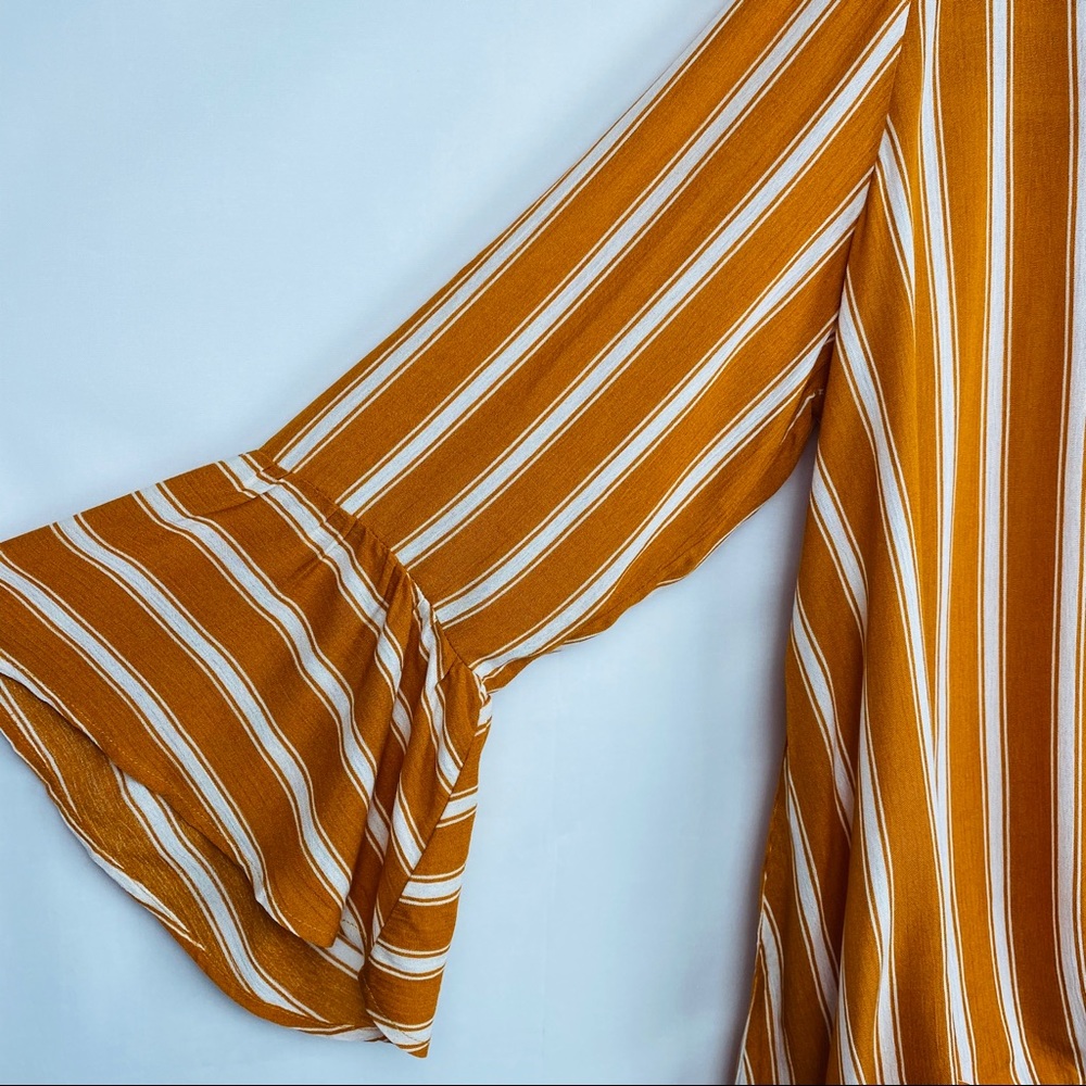 🆕 Striped V-Neck Blouse Draped Front Bell Sleeves - Picture 4 of 7